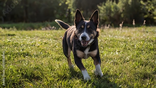Happy Black and White Dog Running Across Green Meadow in Golden Sunlight with Pet Wellness Concept