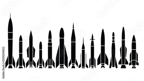 Slika na platnu Black silhouette set of various missile designs isolated on a white background f