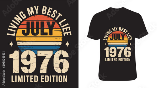 Vintage july 1976 birthday t shirt design with retro sunset graphic