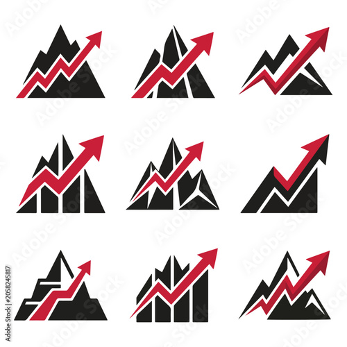 Ascending red arrow icons with black mountain peaks on white background