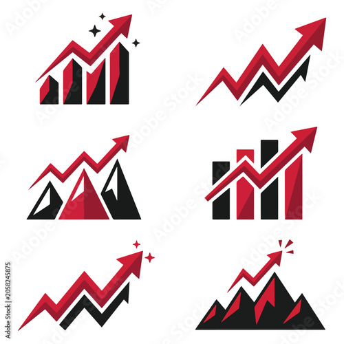 Red arrow moving up over black bar charts and mountain peaks on white