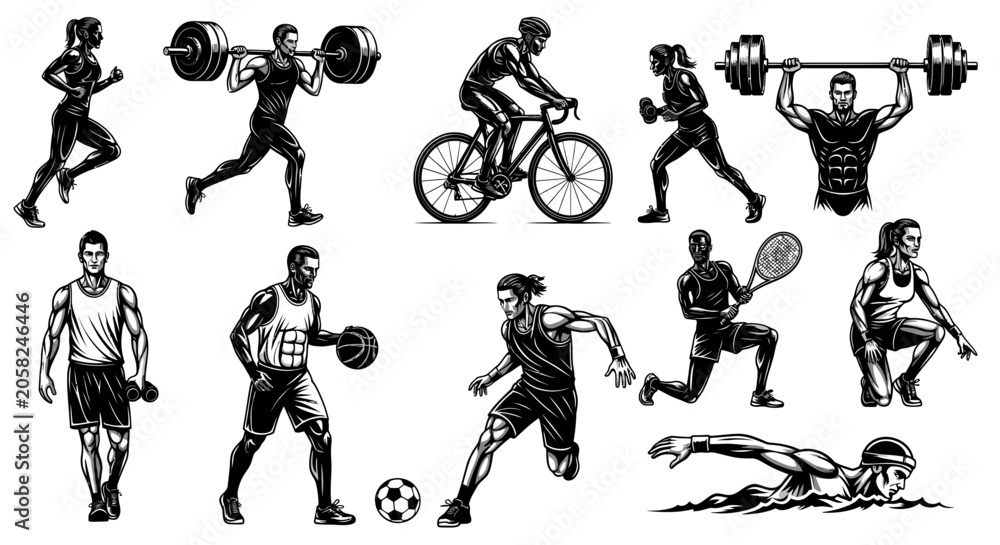 Obraz premium Diverse Athletes Engaging in Various Sports Activities on Isolated White Background