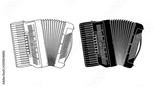 Canvas Print Accordion: A classic musical instrument, rendered in both outline and silhouette, showcasing its bellows and keyboard