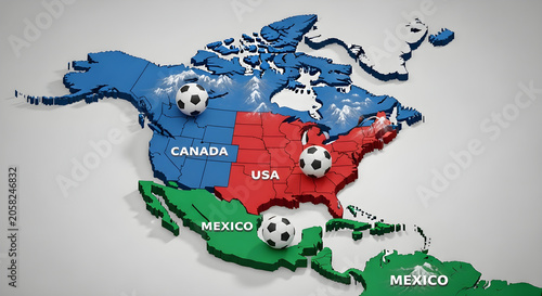 Map of north america divided into canada, usa, and mexico with soccer balls placed on each country