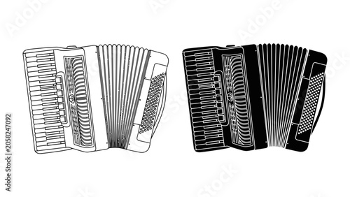 Schilderij op canvas Accordion Duo: Two accordions, one in detailed line art and the other a solid black silhouette, presented side-by-side, showcase the iconic musical instrument in contrasting artistic styles