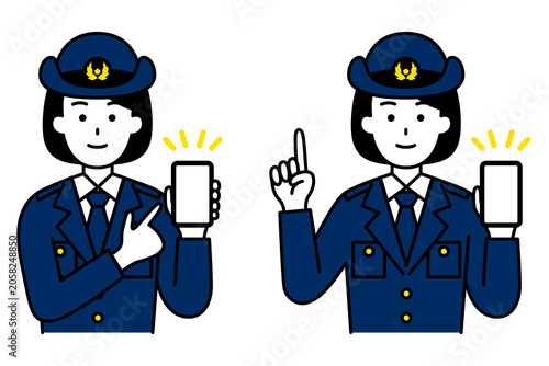 スマホの画面を見せる女性警察官　セット