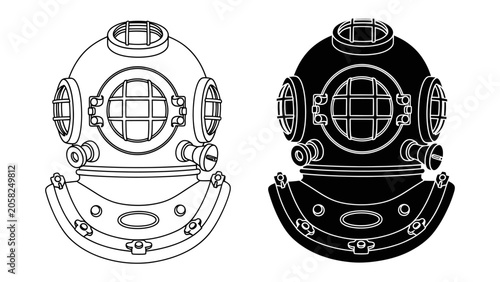 Konstfotografi Vintage Diving Helmet: A classic diver's helmet, presented in both line art and silhouette, represents a bygone era of underwater exploration