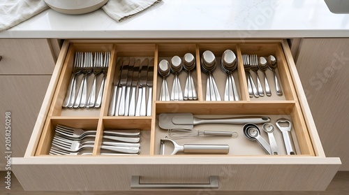 Organized Kitchen Drawer: Silverware, Cutlery, Utensils in Wooden Organizer