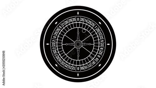 Quadro su tela Roulette Wheel Silhouette: A striking black silhouette of a roulette wheel, featuring numbered pockets and a sleek pointer, evokes the thrill and anticipation of chance and fortune