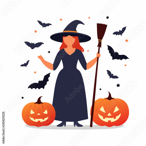 Halloween Witch with Pumpkins and Bats