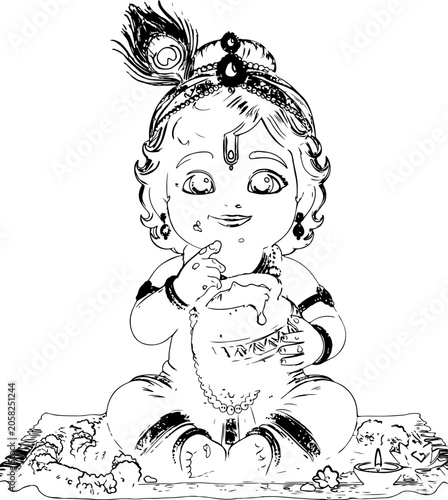 Baby krishna eating butter, line art