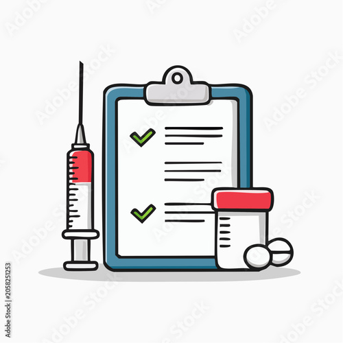 Medical Checklist with Syringe, Pills, and Prescription