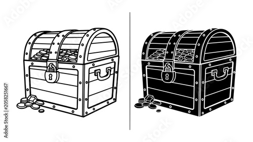 Valokuva Treasure Chest Pair: A graphic representation of two treasure chests, one in outline and the other as a silhouette, both overflowing with coins, symbolizing wealth and discovery
