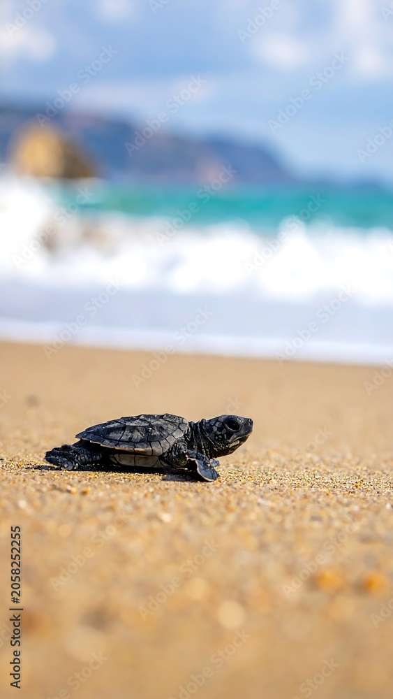 Obraz premium A small sea turtle on a sandy beach