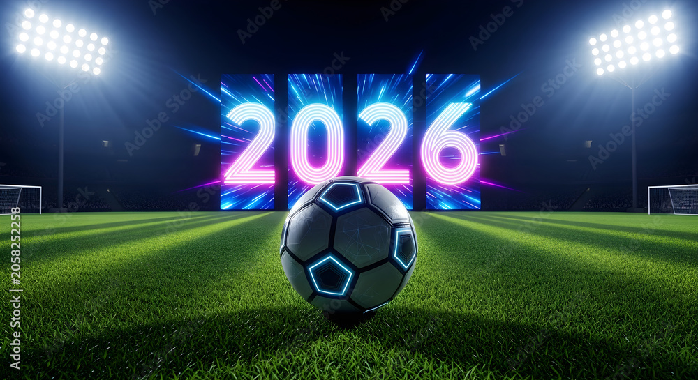 Naklejka premium Glowing neon 2026 sign and futuristic soccer ball on a professional stadium pitch at night