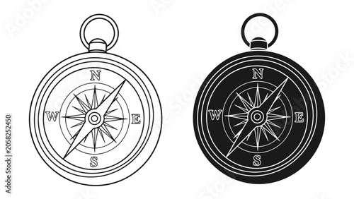 Tableau sur toile Compass Navigation Icons: A pair of compass icons, one outlined and the other filled in, showcasing direction and exploration