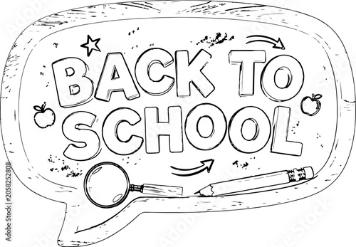 Back to school hand drawn doodle lettering with school supplies