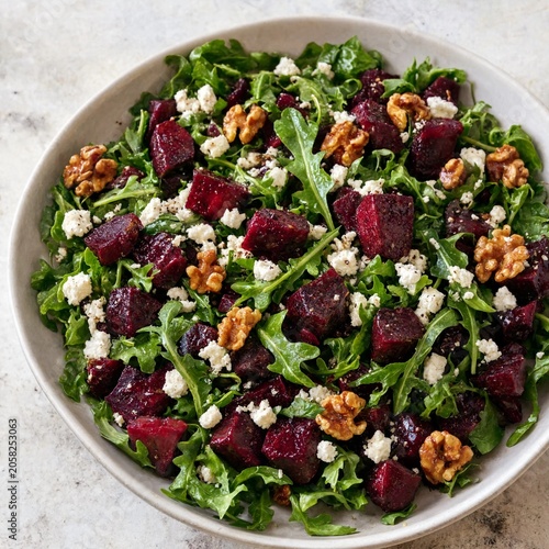 Fresh healthy vegetarian salad bowl with beetroot, feta, cucumber, tomatoes, beans and mixed green vegetables