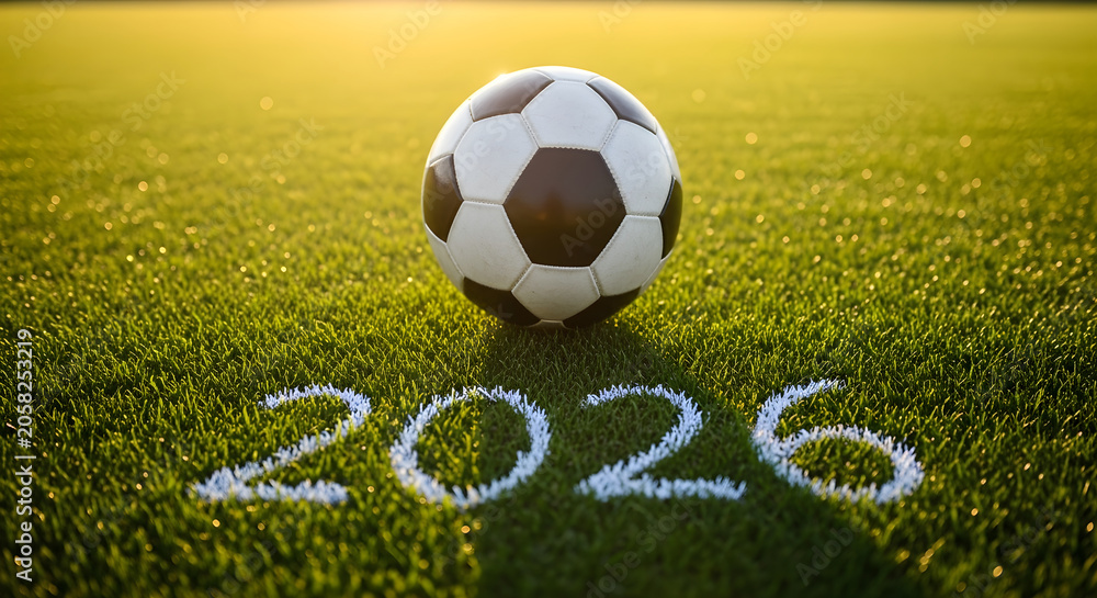 Fototapeta premium Soccer ball on green grass field with 2026 written in white paint, concept for 2026 football championship
