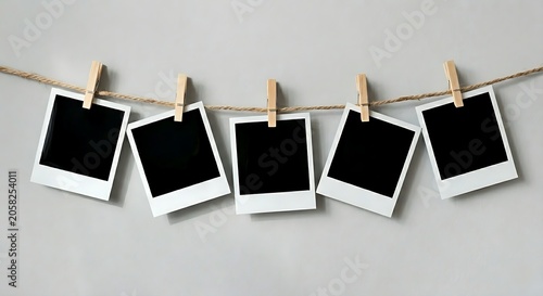 Five blank black polaroid photo frames template hanging on a clothesline with each photo print secured by a wooden clothespin against light grey background