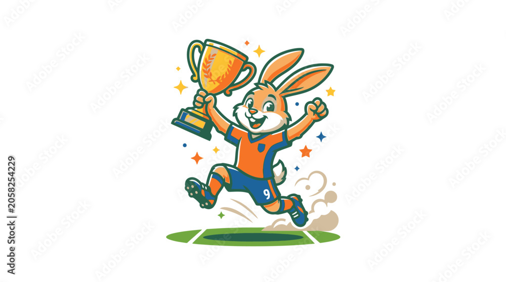 Fototapeta premium Happy cartoon rabbit mascot jumping with victory trophy