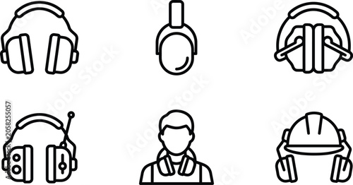 Bild auf Leinwand Collection of ear protection icons including earmuffs and headphones designed in