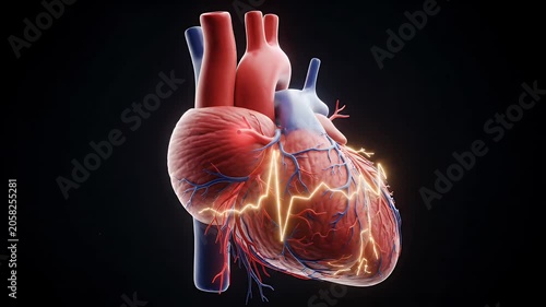 3D Human Heart Anatomy and Vascular System Illustration - A detailed 3D illustration showcases the intricate anatomy of the human heart, highlighting its vascular network and a visual representation