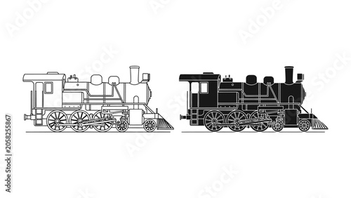 Foto Vintage Steam Train Silhouette and Blueprint: A detailed blueprint and a bold silhouette of a classic steam train, showcasing historical engineering and industrial design