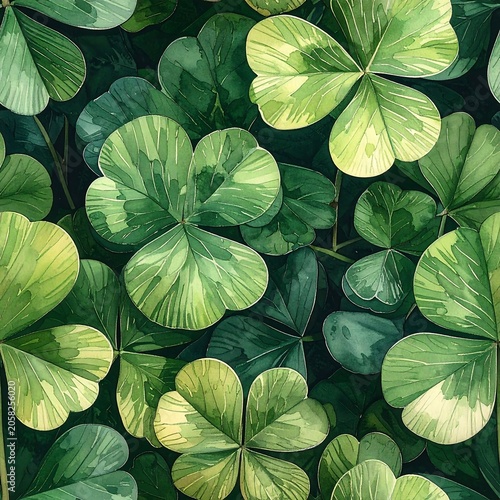 A lush arrangement of vibrant four-leaf clovers with varying shades of green