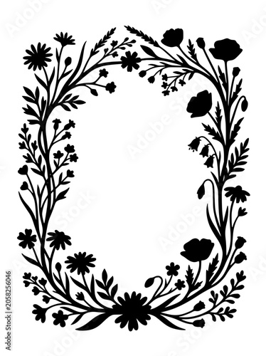 Floral Wildflower Silhouette Oval Frame Border
