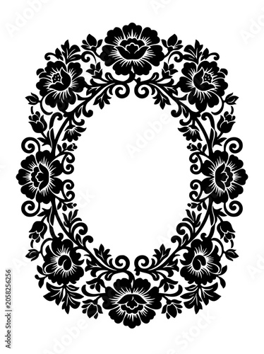 Traditional Black and White Floral Oval Frame Folk Art Style