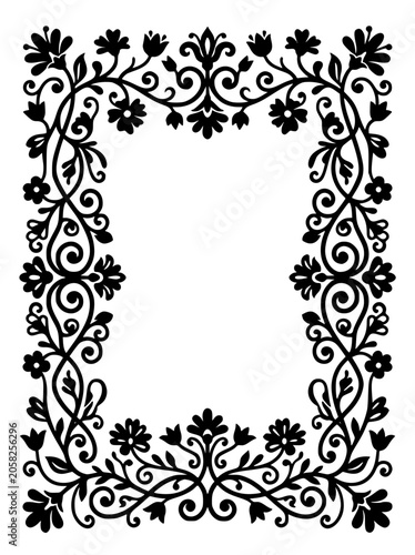Vintage Floral Decorative Frame Border with Ornate Swirls and Flowers Silhouette