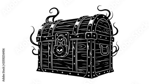 Canvastavla Mysterious Treasure Chest Illustration: An ornate, dark treasure chest adorned with iron bands and a spooky skull lock, surrounded by swirling tendrils, evokes a sense of mystery and adventure