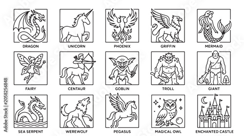 Quadro em tela Mythical creatures icons, fantasy animal symbols, 16 doodle illustrations, black