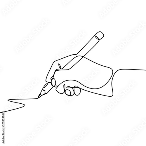 Continuous line drawing of a hand writing with pencil on paper