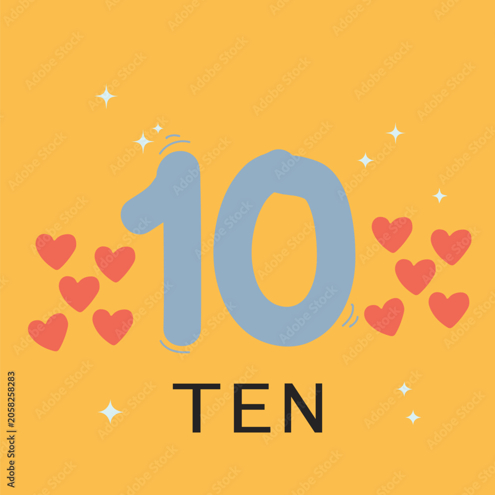 Fototapeta premium Cute Number Ten with Hearts, Colorful Educational Counting Vector for Kids