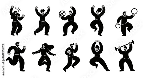 Billede på lærred Set of cartoon male figures engaged in various sports and exercise activities, isolated white background