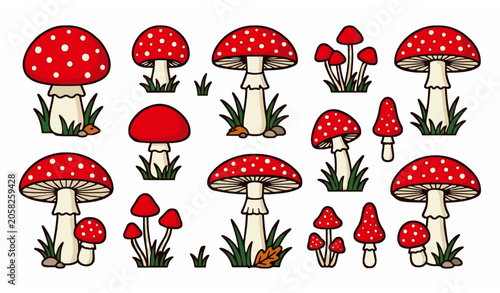 Cute red forest mushroom collection isolated on white flat vector illustration