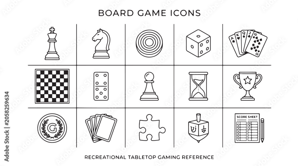 Fototapeta premium Board game icons, recreational tabletop gaming symbols, 16 tabletop game illustrations, black and white line art