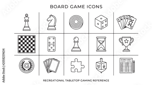 Obraz na płótnie Board game icons, recreational tabletop gaming symbols, 16 tabletop game illustr