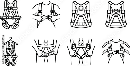Φωτογραφία Set of safety harness icons illustrating assembly and use for construction and i