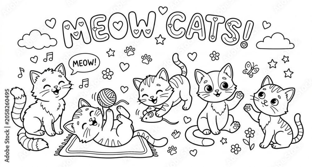 Fototapeta premium Meow cats coloring page for kids vector illustration