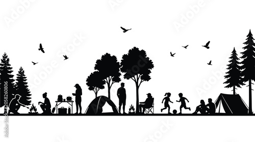 Detailed black vector illustration of a family enjoying outdoor camping activities in a forest setting
