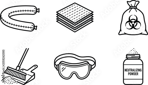Принти на полотні Set of hazardous material cleanup icons including absorbent socks spill pads bio