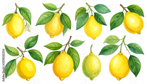 Collection of vibrant lemon fruit illustrations with green leaves, isolated on a white background