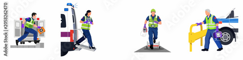 Fotografie Emergency medical paramedics responding to calls with defibrillators and ambulances in flat vector illustration style