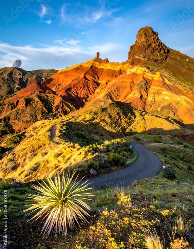 A scenic winding road through a desert landscape with unique rock formations