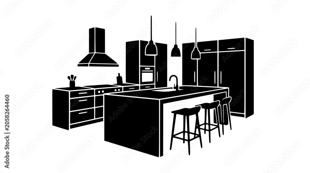 Fototapeta premium Modern Kitchen Interior Silhouette Illustration with Island and Bar Stools