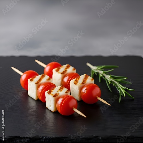 Grilled halloumi skewers with cherry tomatoes and rosemary on black slate