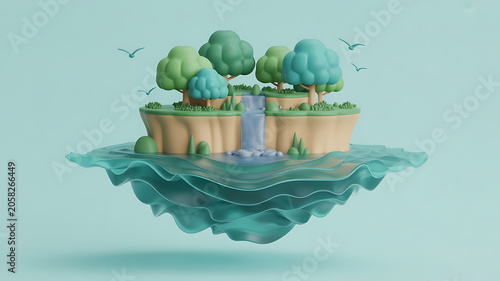 Floating Island with Waterfall and Turquoise Trees in Ocean